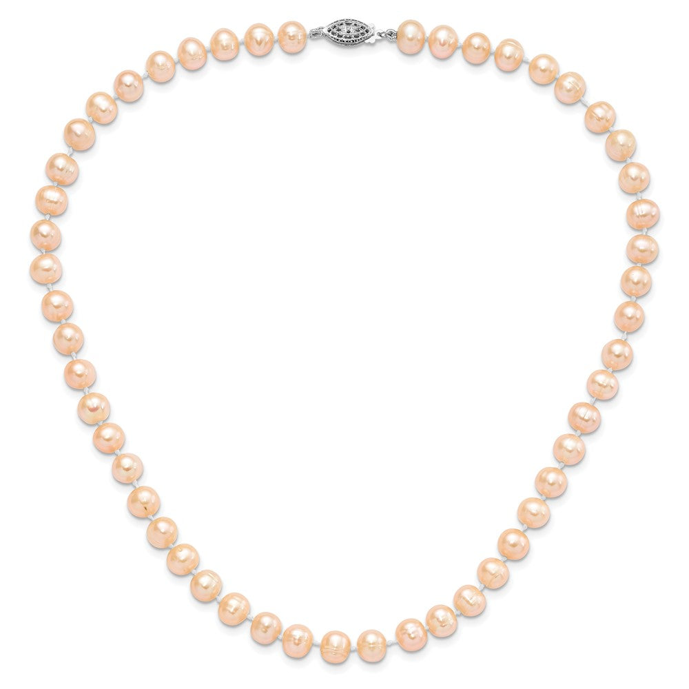 Sterling Silver Rhodium-plated 7-8mm Pink Near-Round Freshwater Cultured Pearl 24 inch Necklace