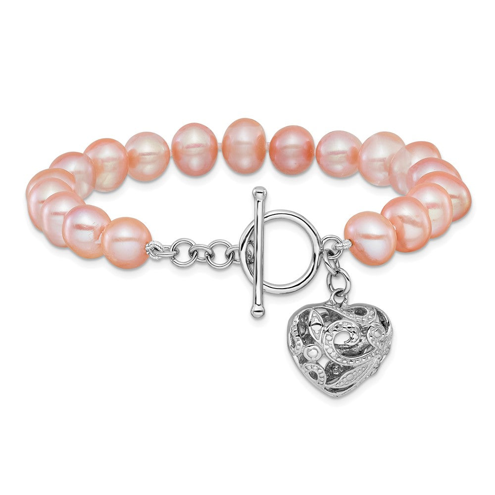 Sterling Silver RH-plated 9-10mm Pink FWC Pearl Heart 7.5in Bracelet