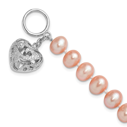 Sterling Silver RH-plated 9-10mm Pink FWC Pearl Heart 7.5in Bracelet