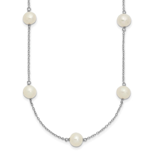 Sterling Silver Rhodium-plated 7-8mm White Near-Round Freshwater Cultured Pearl 9-Stations18 inch Necklace