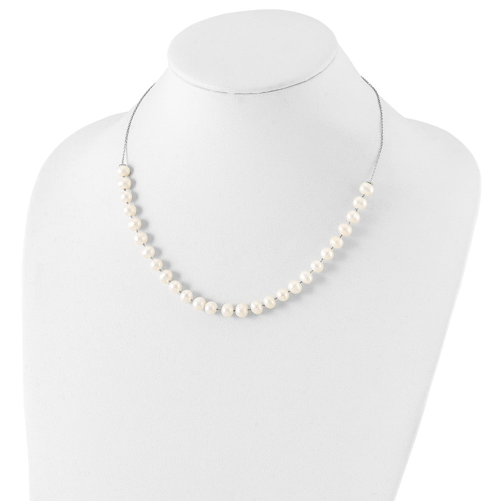 Sterling Silver Rhodium-plated 7-8mm White Semi-Round Freshwater Cultured Pearl 18 inch Necklace and Dangle Earrings Set