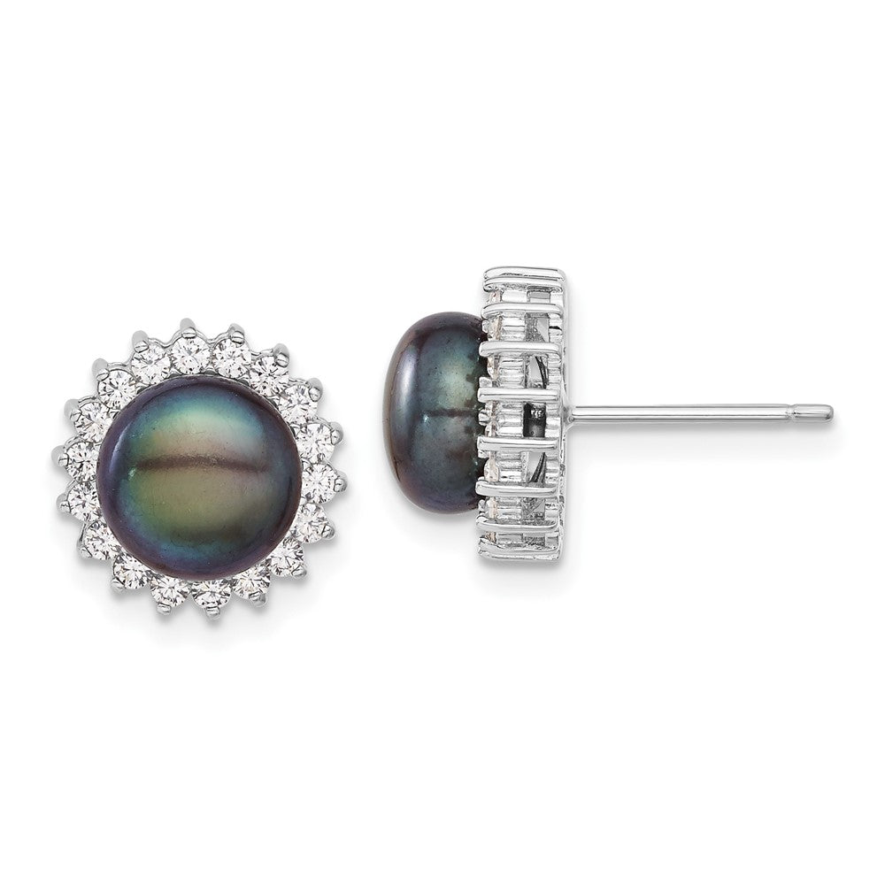 Sterling Silver Rhodium-plated 8-9mm Black Button Freshwater Cultured Pearl and CZ 17 inch Necklace and Post Earrings Set