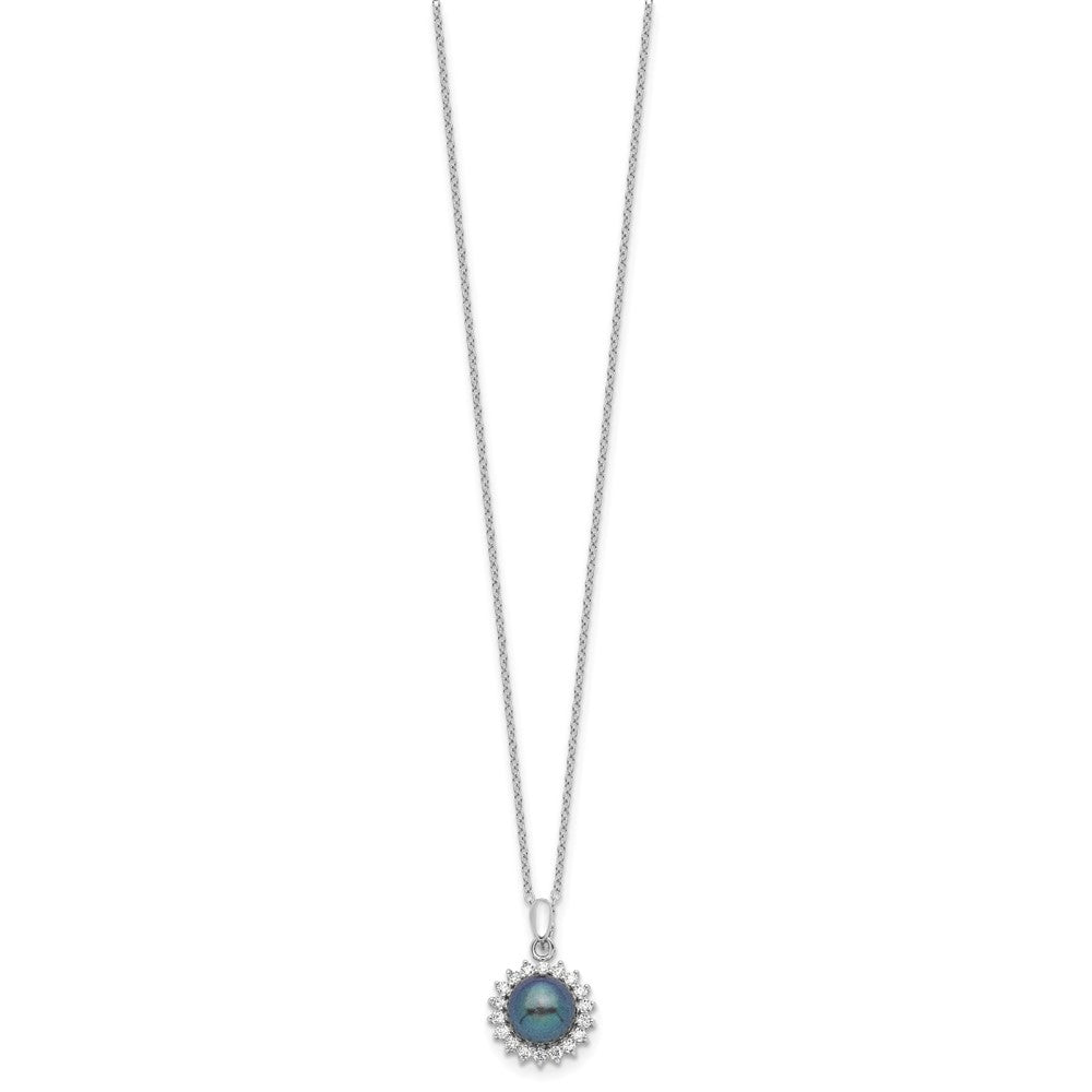 Sterling Silver Rhodium-plated 8-9mm Black Button Freshwater Cultured Pearl and CZ 17 inch Necklace and Post Earrings Set
