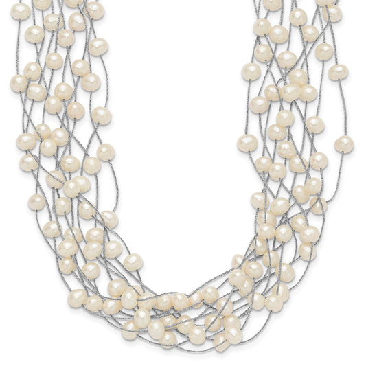 Sterling Silver Rhodium-plated 6-8mm White Semi-Round Freshwater Cultured Pearl Multi Strand 15 inch Necklace