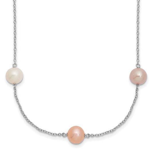 Sterling Silver Rhodium-plated 7-8mm White, Pink and Purple Near-Round Freshwater Cultured Pearl 9-Station 18 inch Necklace