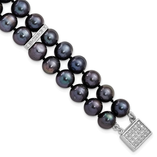 Sterling Silver Rhodium-plated 7-8mm Black Near-Round Freshwater Cultured Pearl and CZ 2-strand 7.5 inch Bracelet