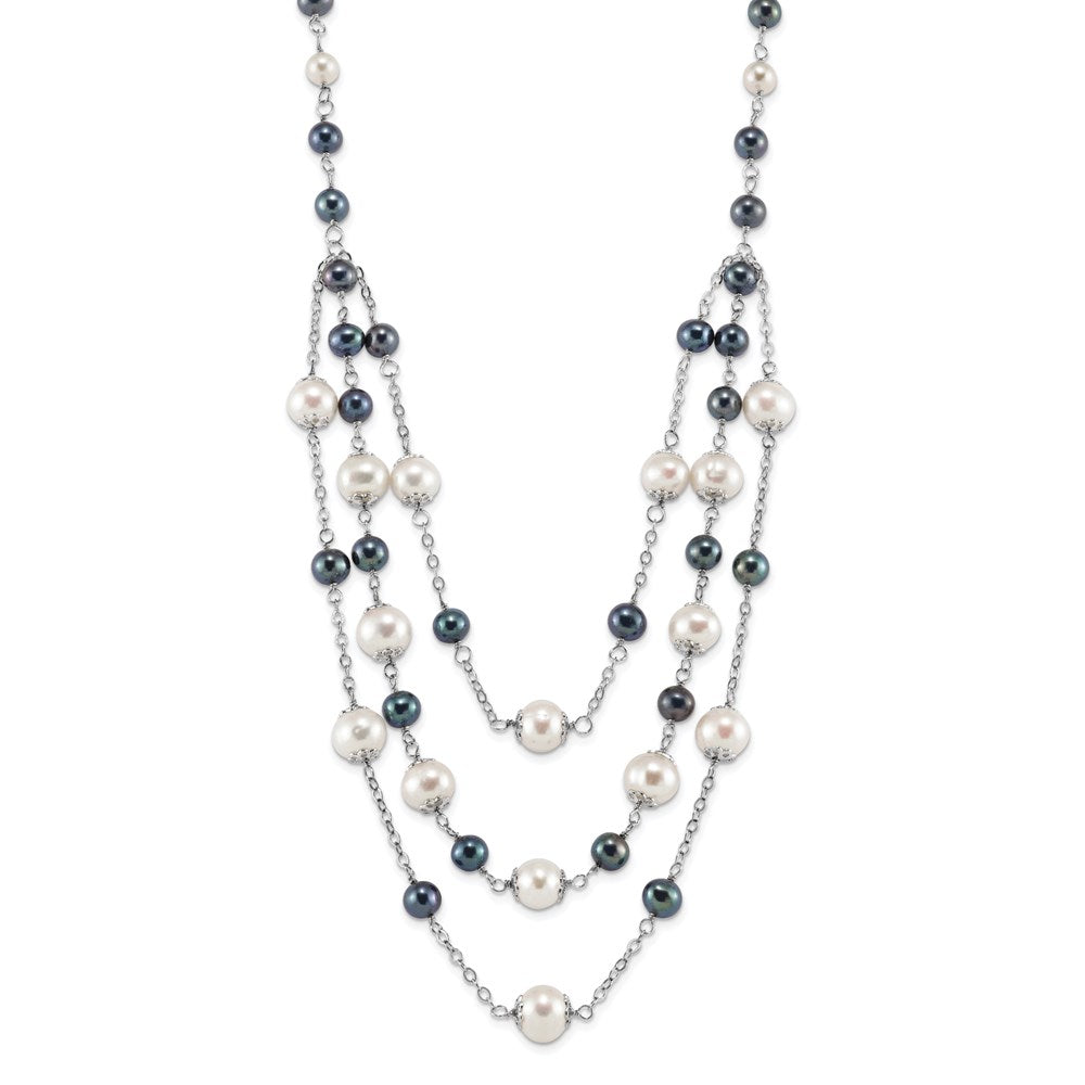 Sterling Silver Rhodium-plated 6-10mm White and Black Freshwater Cultured Pearl Layered 17 inch with 2 inch Extension Necklace