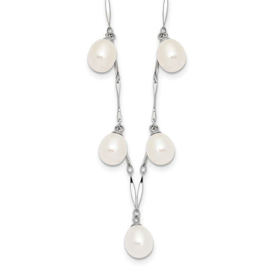 Sterling Silver Rhodium-plated 7-8mm White Teardrop Freshwater Cultured Pearl 7-Station 17.5 inch Necklace