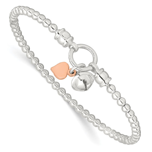 Sterling Silver Rose -tone Heart and Bell Stretch Bracelet