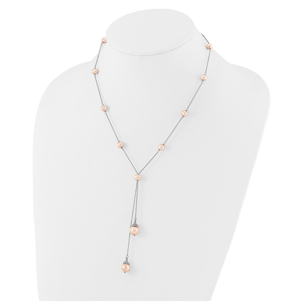 Sterling Silver RH-plated Pink FWC Pearl 9 Station w/2in ext Necklace