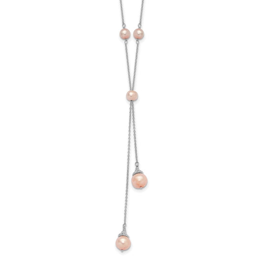 Sterling Silver RH-plated Pink FWC Pearl 9 Station w/2in ext Necklace