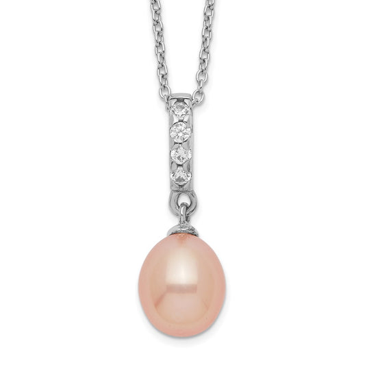Sterling Silver Rhodium-plated 8-9mm Pink Teardrop Freshwater Cultured Pearl and CZ 17 inch Necklace