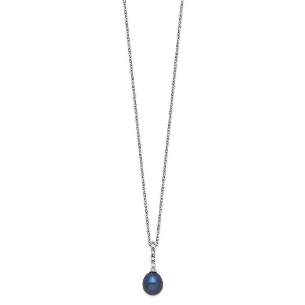 Sterling Silver Rhodium-plated 7-8mm Black Teardrop Freshwater Cultured Pearl and CZ 17 inch Necklace