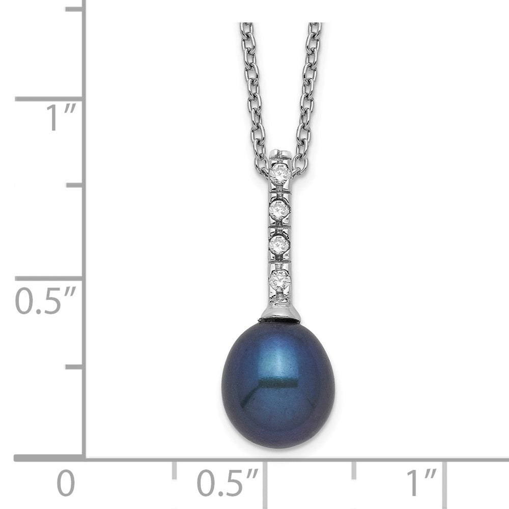 Sterling Silver Rhodium-plated 7-8mm Black Teardrop Freshwater Cultured Pearl and CZ 17 inch Necklace