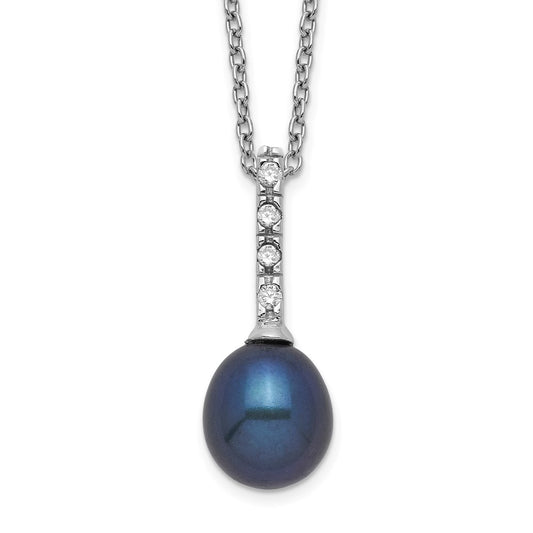 Sterling Silver Rhodium-plated 7-8mm Black Teardrop Freshwater Cultured Pearl and CZ 17 inch Necklace