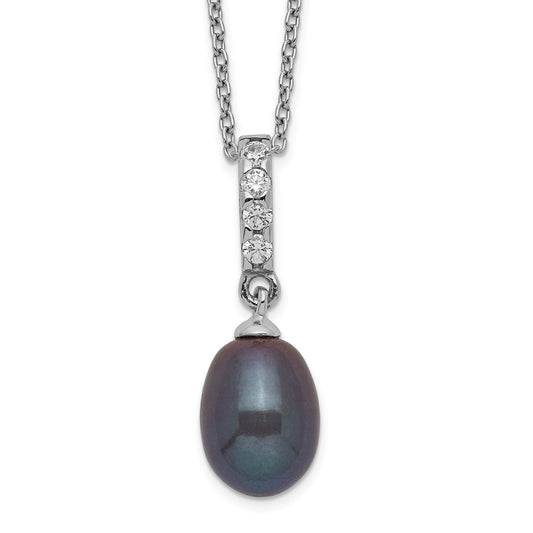 Sterling Silver Rhodium-plated 8-9mm Black Teardrop Freshwater Cultured Pearl and CZ 17 inch Necklace