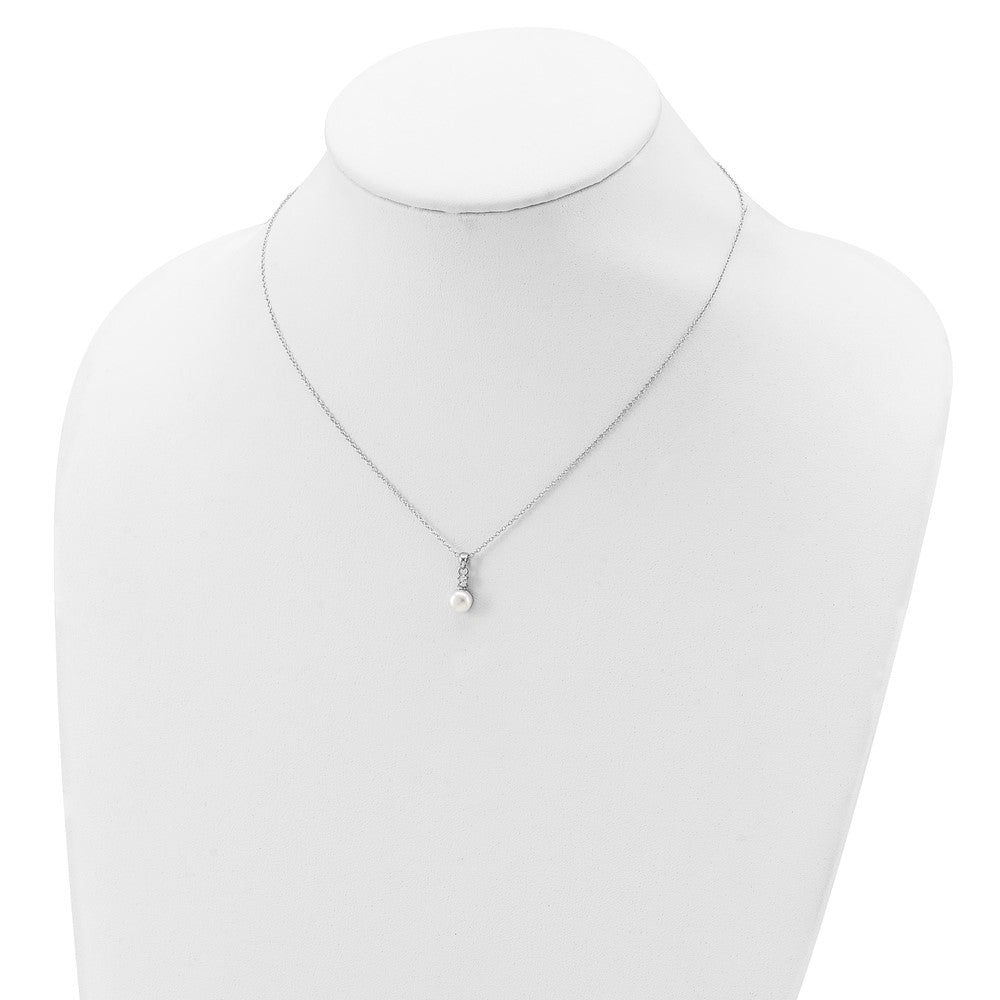 Sterling Silver Rhodium-plated 6-7mm White Button Freshwater Cultured Pearl and CZ 17 inch Necklace