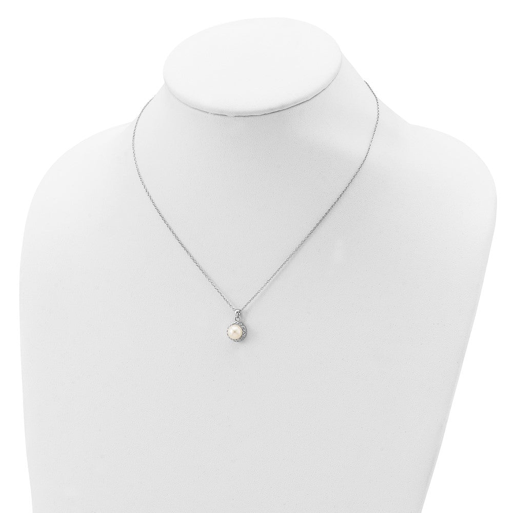 Sterling Silver Rhodium-plated 7-8mm White Button Freshwater Cultured Pearl and CZ 17 inch Necklace