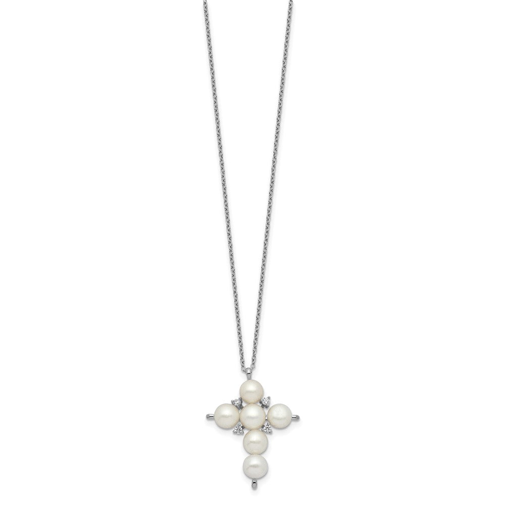 Sterling Silver Rhod-plated 6-7mm White Button FWC Pearl CZ Cross Necklace