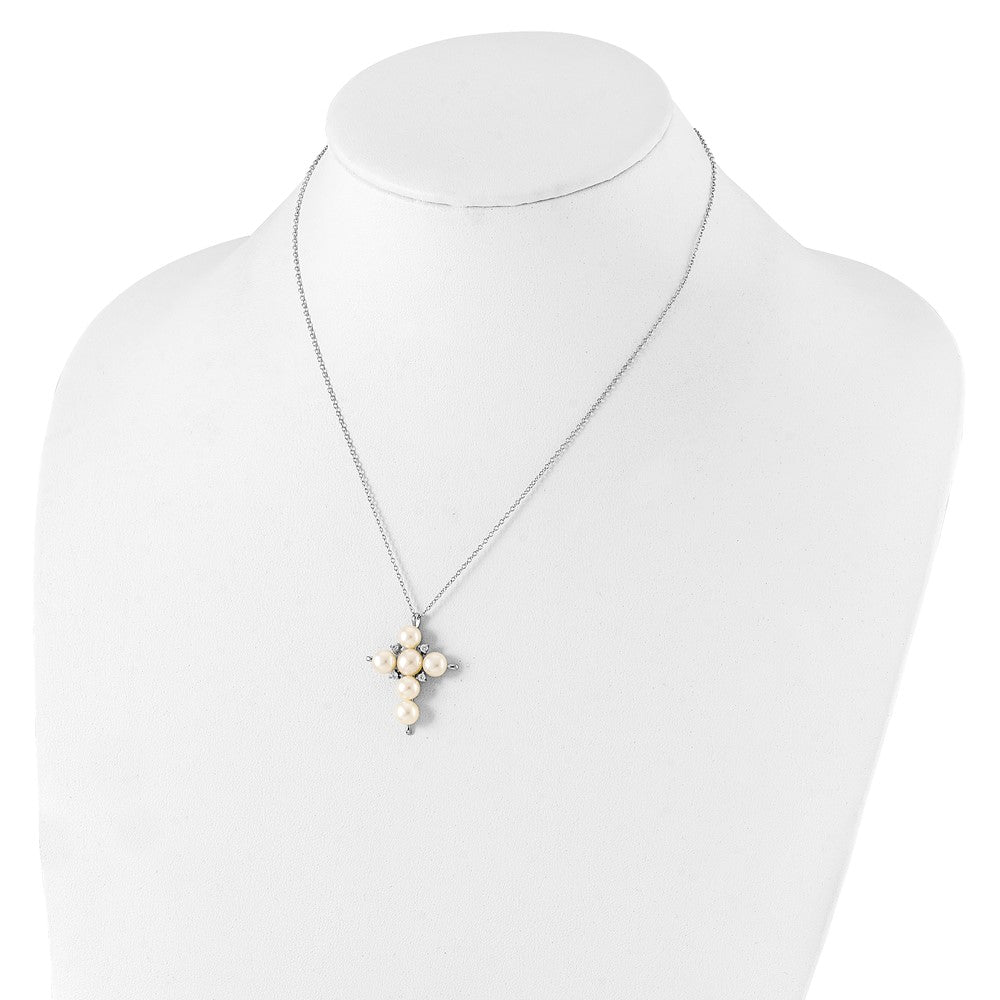 Sterling Silver Rhod-plated 6-7mm White Button FWC Pearl CZ Cross Necklace