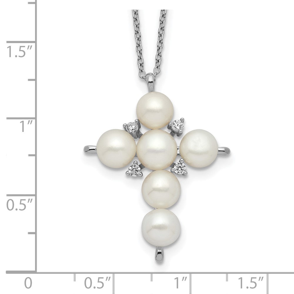 Sterling Silver Rhod-plated 6-7mm White Button FWC Pearl CZ Cross Necklace