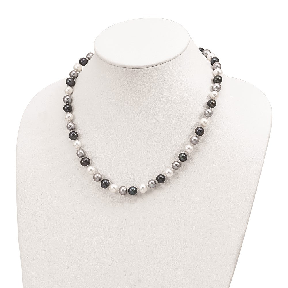 Sterling Silver Rhodium-plated 8-9mm Black, Green and White Semi-Round Freshwater Cultured Pearl 18 inch Necklace