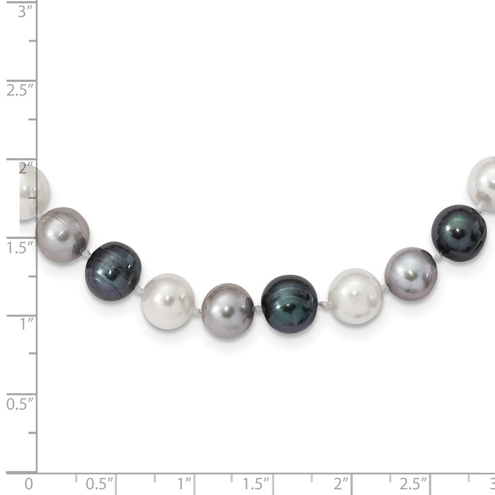 Sterling Silver Rhodium-plated 8-9mm Black, Green and White Semi-Round Freshwater Cultured Pearl 18 inch Necklace