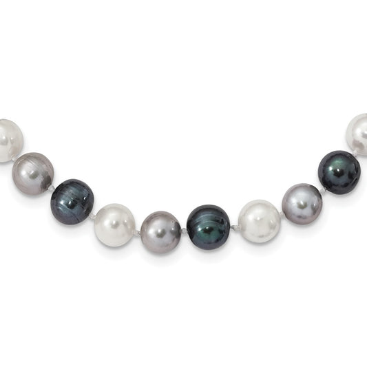 Sterling Silver Rhodium-plated 8-9mm Black, Green and White Semi-Round Freshwater Cultured Pearl 18 inch Necklace