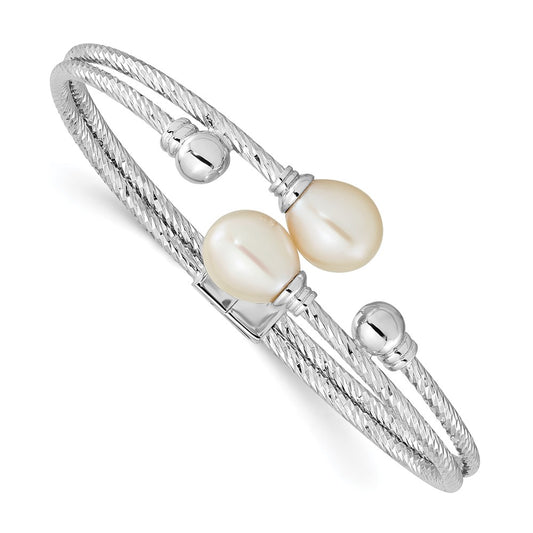 Sterling Silver Rhodium-plated White 8x10mm Teardrop Freshwater Cultured Pearl Hinged Bangle