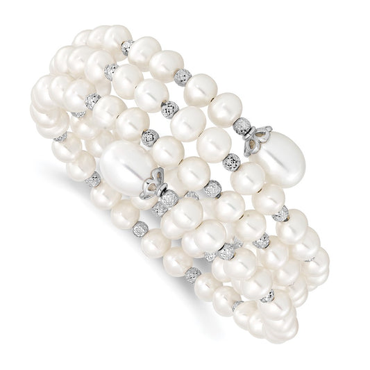 Sterling Silver Rh-pl D/C 6-11mm White FWC Pearl Wrap Bracelet
