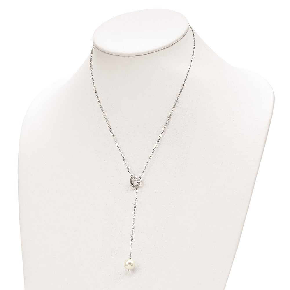 Sterling Silver Rhodium-plated 10-11mm White Round Imitation Shell Pearl Heart 18 inch Necklace