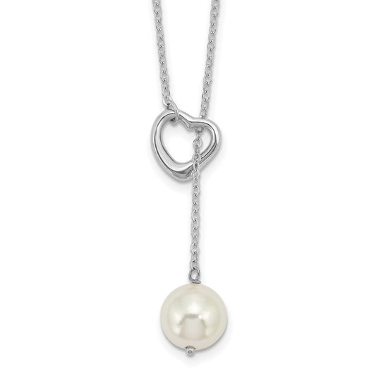 Sterling Silver Rhodium-plated 10-11mm White Round Imitation Shell Pearl Heart 18 inch Necklace