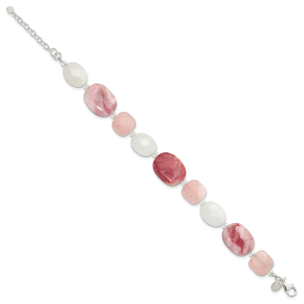 Sterling Silver Pink Agate/Quartz, Jade, Crystal w/1in ext Bracelet
