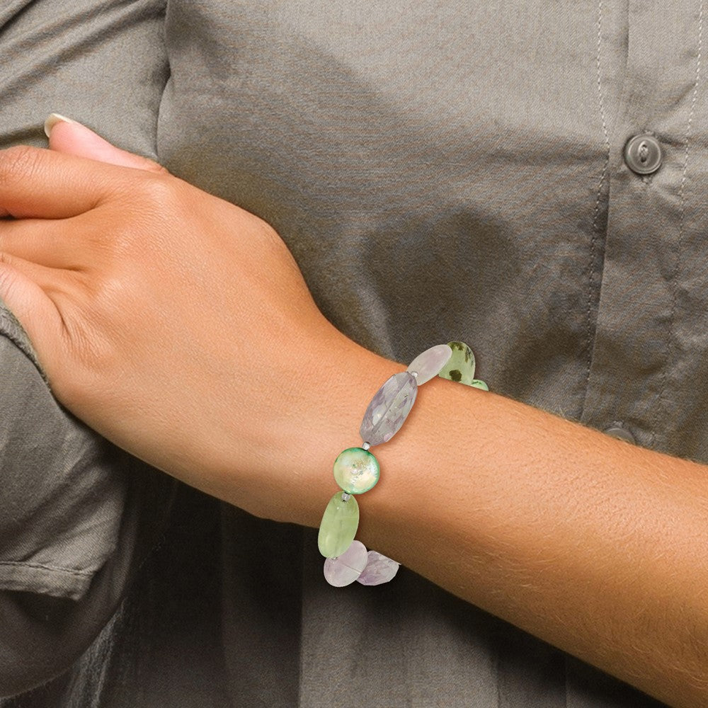 Sterling Silver Amethyst, Green Pearl, Prehnite 1in ext Bracelet