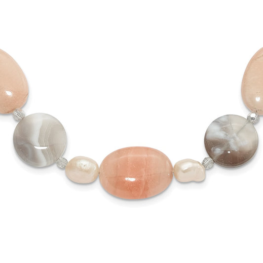 Sterling Silver Aventurine,Crystal and FWC Pearl w/2in ext Necklace
