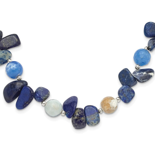 Sterling Silver Agate w/Shell, Lapis and Sodalite  w/2in ext Necklace