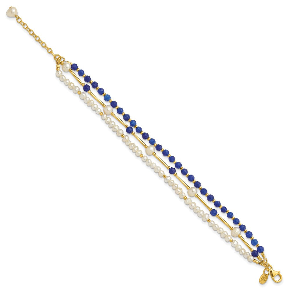 Sterling Silver Gold-plated FWC Pearl/Blue Quartz 1in ext. Bracelet