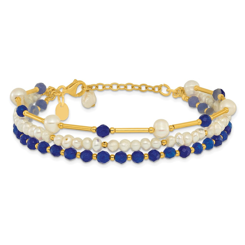 Sterling Silver Gold-plated FWC Pearl/Blue Quartz 1in ext. Bracelet
