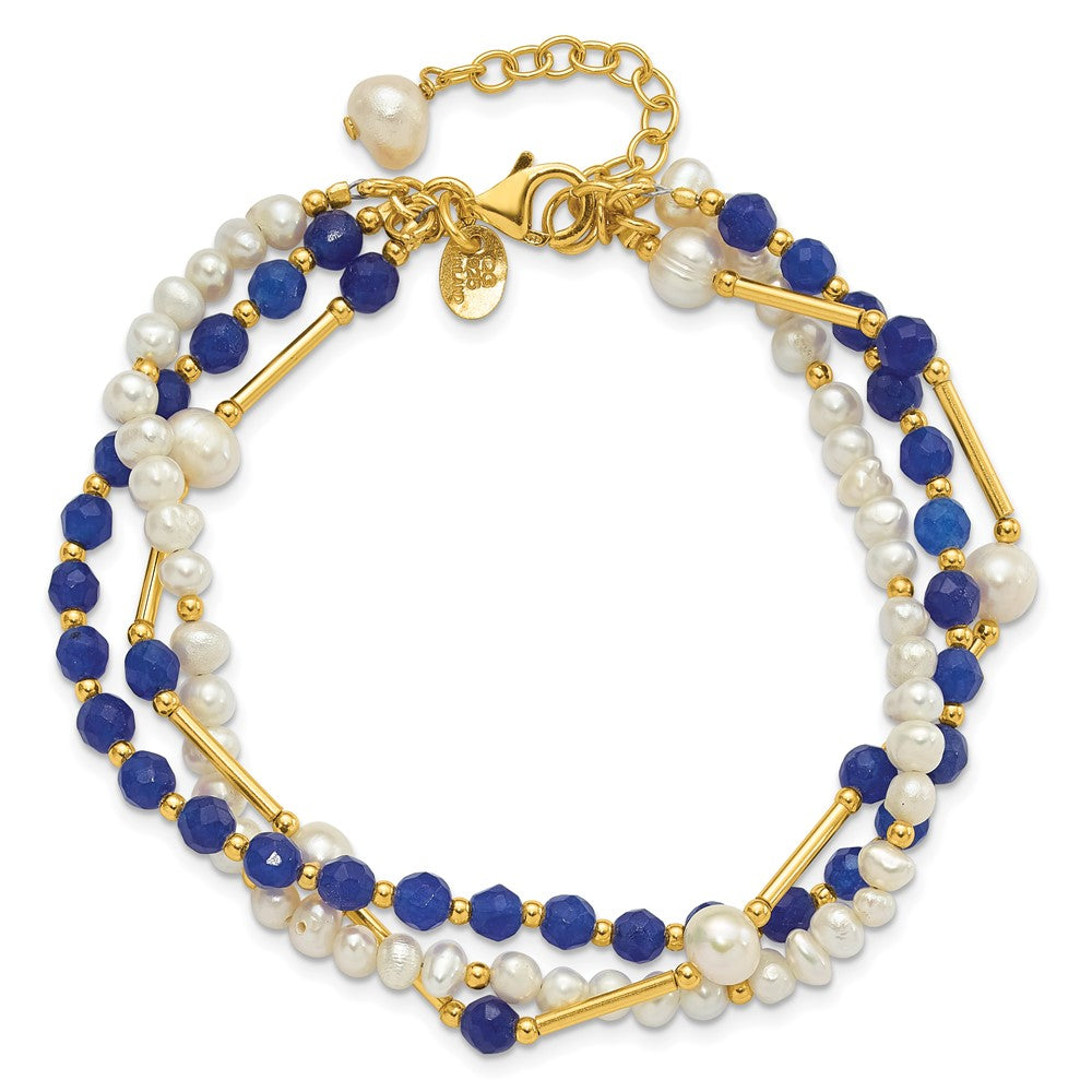 Sterling Silver Gold-plated FWC Pearl/Blue Quartz 1in ext. Bracelet