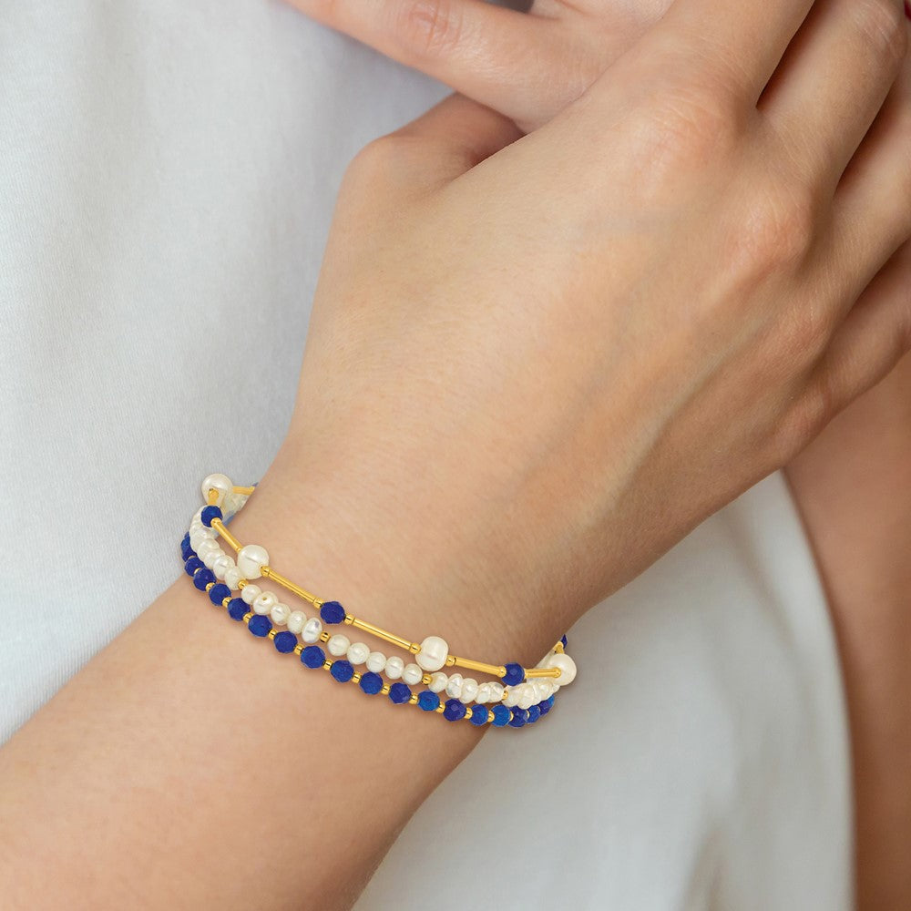 Sterling Silver Gold-plated FWC Pearl/Blue Quartz 1in ext. Bracelet