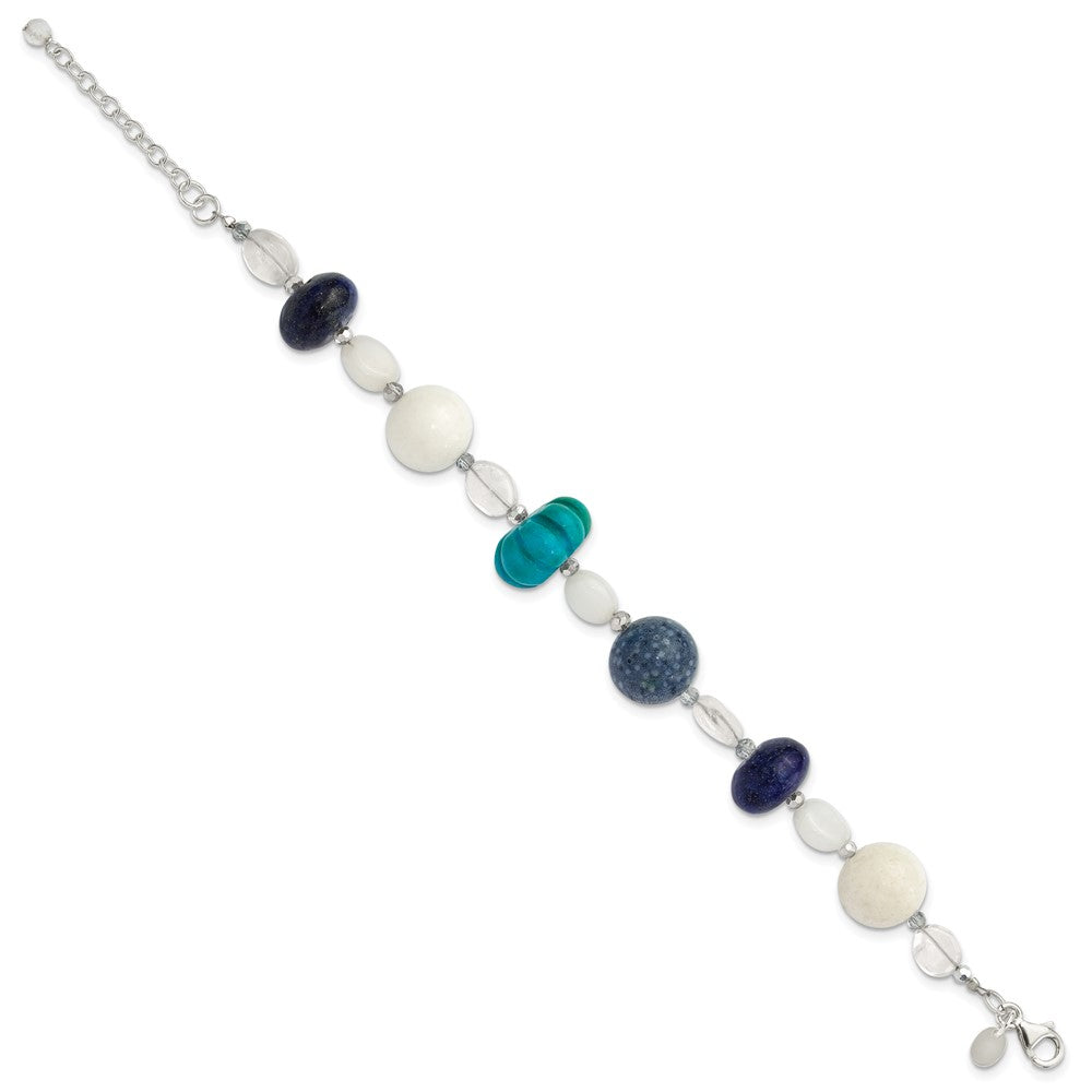 Sterling Silver Coral,Howlite,Jade,Lapis,Quartz, Crystal 1in ext Bracele