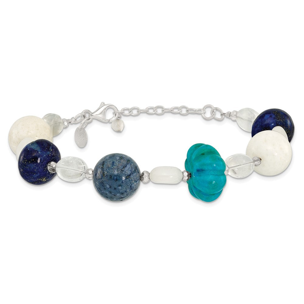 Sterling Silver Coral,Howlite,Jade,Lapis,Quartz, Crystal 1in ext Bracele