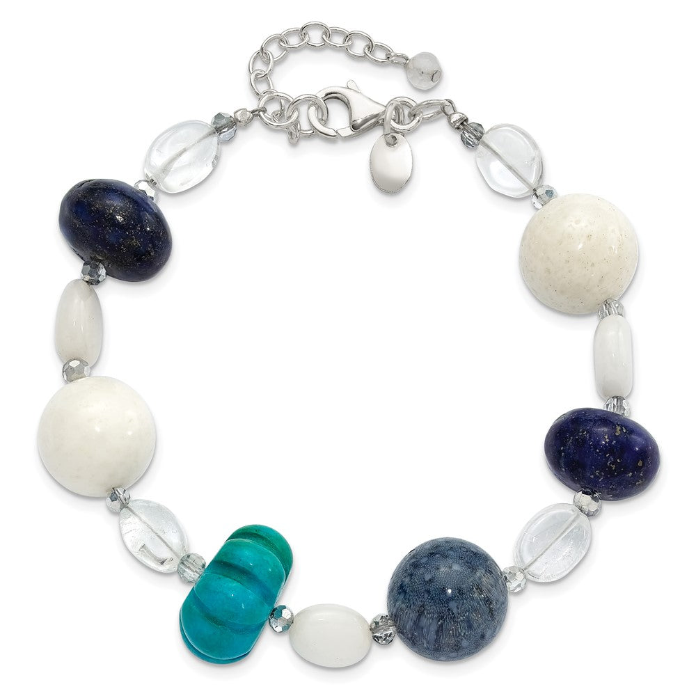 Sterling Silver Coral,Howlite,Jade,Lapis,Quartz, Crystal 1in ext Bracele