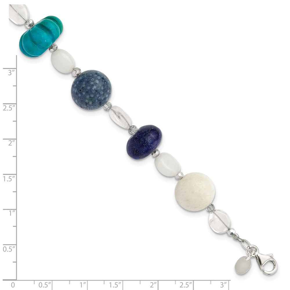 Sterling Silver Coral,Howlite,Jade,Lapis,Quartz, Crystal 1in ext Bracele