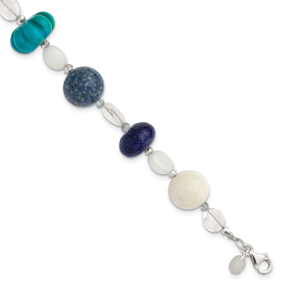 Sterling Silver Coral,Howlite,Jade,Lapis,Quartz, Crystal 1in ext Bracele
