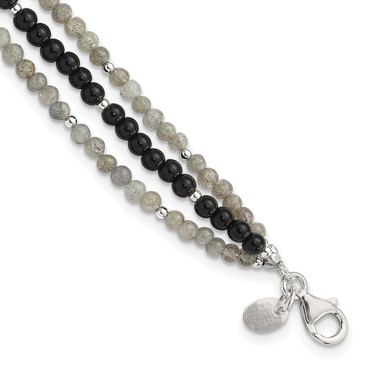 Sterling Silver Agate,Labradorite,Quartz 3-Strand 1in ext Bracelet