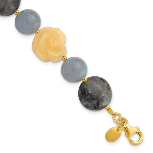 Sterling Silver Gold-plated Agate/Labradorite/Jade 1in ext. Bracelet