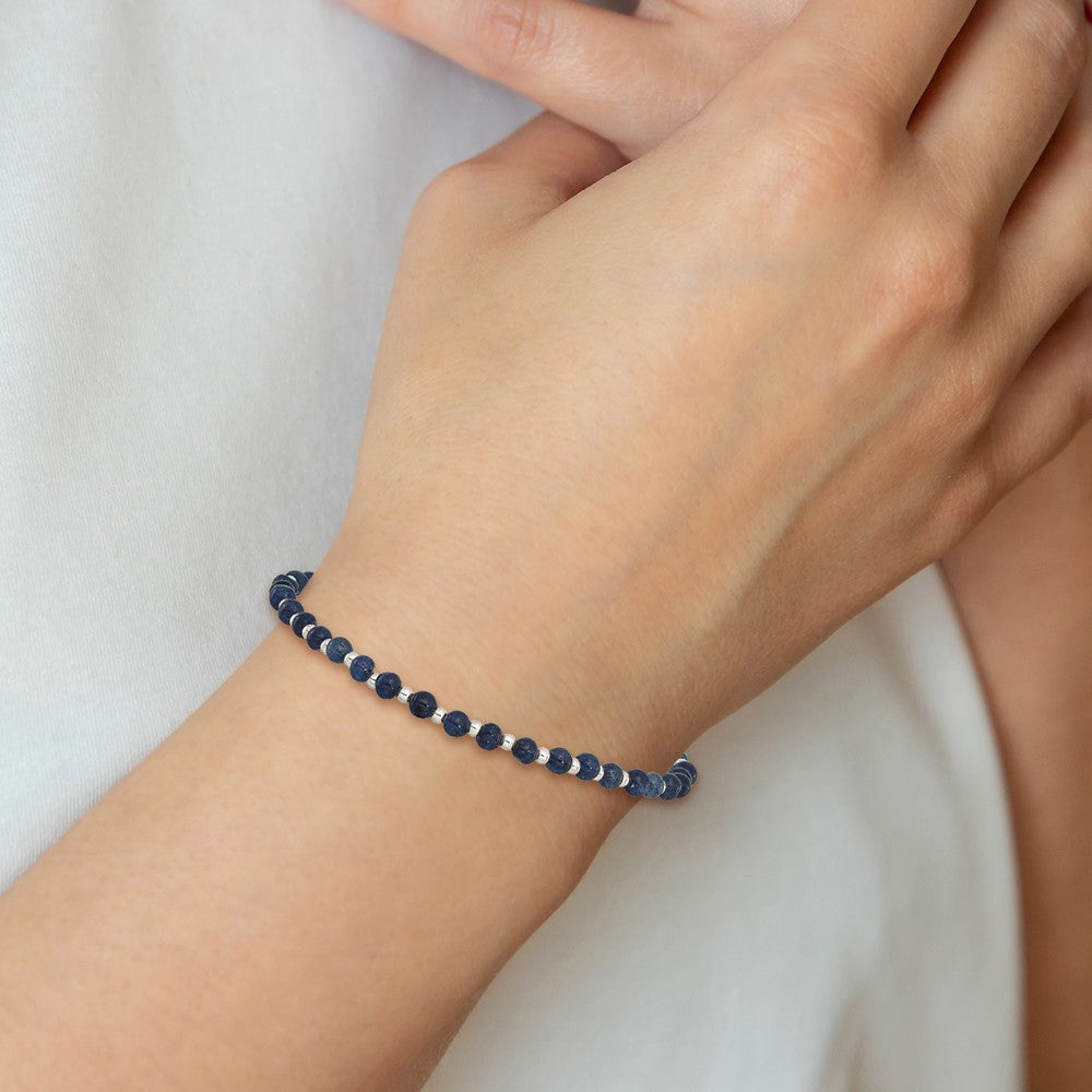 Sterling Silver 3.00mm Blue Agate Beaded Stretch Bracelet