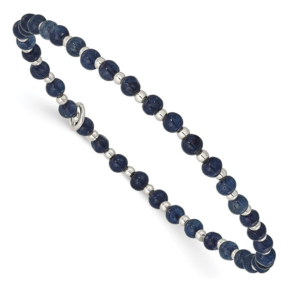 Sterling Silver 3.00mm Blue Agate Beaded Stretch Bracelet