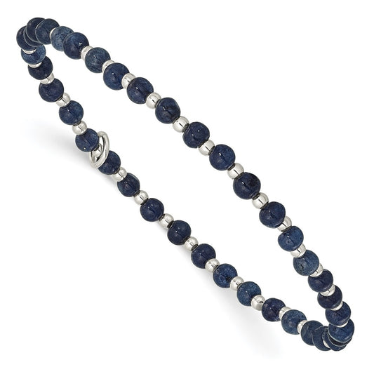 Sterling Silver 3.00mm Blue Agate Beaded Stretch Bracelet